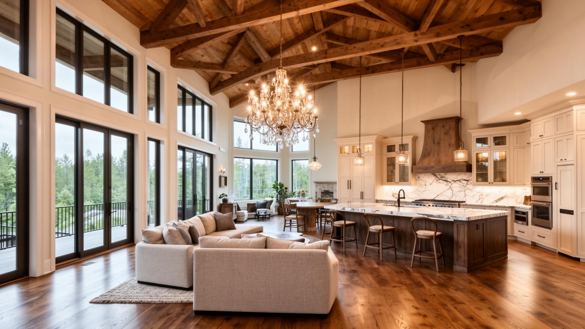 Luxury home interior with vaulted ceilings and open concept design