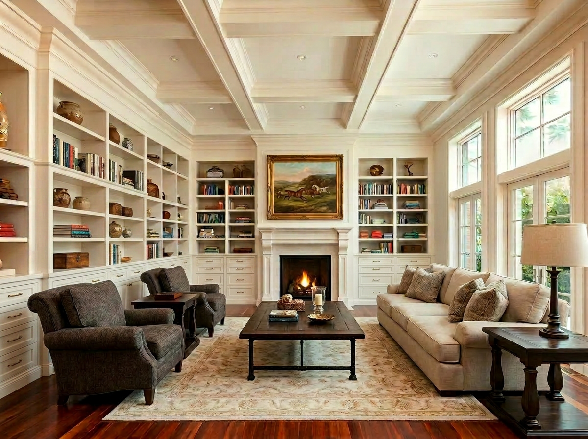 Elegant living room with coffered ceiling